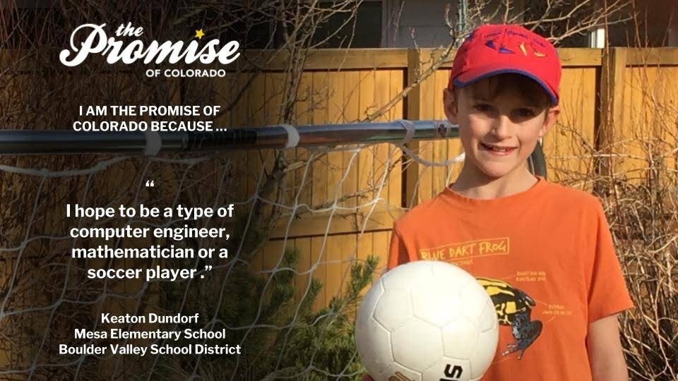 ColoEdNetwork's tweet photo. Today's Promise Student is Keaton Dundorf from Mesa Elementary School in @BVSDColorado #PromiseCO #ColoEdNetwork #edcolo https://t.co/7aeHSKt0e6 https://t.co/F4shyT8xqg