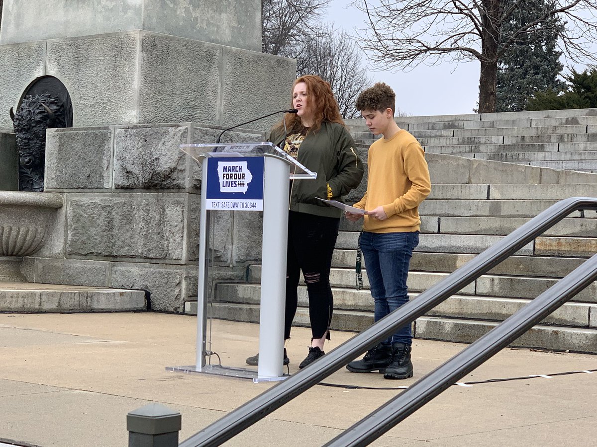 ProgressIowa's tweet photo. "I find myself checking for escape routes whenever I enter a room. Guns are not what is keeping us safe, they are what is making us afraid." - students at Valley High Jace Baker and Jill Caranci #MarchForOurLives #SafeIowa #GunReformNow https://t.co/jr8F8v6FXS