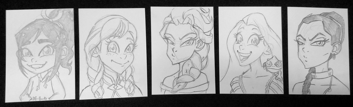 sl00tym4g3's tweet photo. The first 5 of at least 12 Disney Princess sketch cards, that will be available at upcoming shows! Vanellope, Anna, Elsa, Rapunzel, and Leia. #Disney #DisneyPrincess #SketchCards #FanArt #Vanelope #WreckItRalph #Frozen #AnnaAndElsa #Tangled #Rapunzel #PrincessLeia #StarWars https://t.co/kqTjyoPaCA