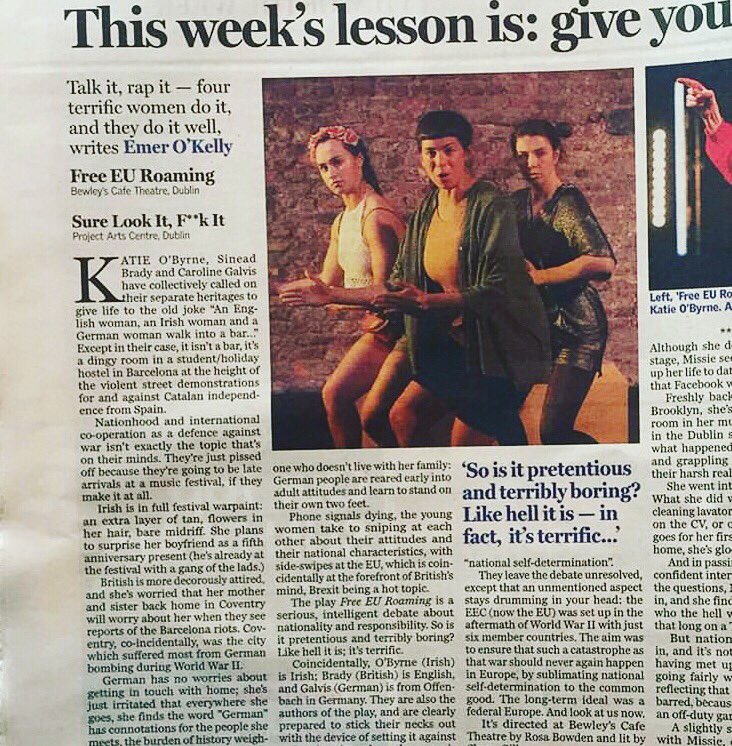 Rule of Three Collective (@_ruleofthree) on Twitter photo ‘’The play FREE EU ROAMING is a serious, intelligent debate about nationality and responsibility. So is it pretentious and terribly boring? Like hell it is; it’s terrific.’’ -Emer O’Kelly <a href="/SundayIndy/">Sunday Independent</a>
Last chance to see Free Eu Roaming this week in <a href="/BewleysCTheatre/">Bewley's Café Theatre</a> until March 30 ‘’The play FREE EU ROAMING is a serious, intelligent debate about nationality and responsibility. So is it pretentious and terribly boring? Like hell it is; it’s terrific.’’ -Emer O’Kelly <a href="/SundayIndy/">Sunday Independent</a>
Last chance to see Free Eu Roaming this week in <a href="/BewleysCTheatre/">Bewley's Café Theatre</a> until March 30