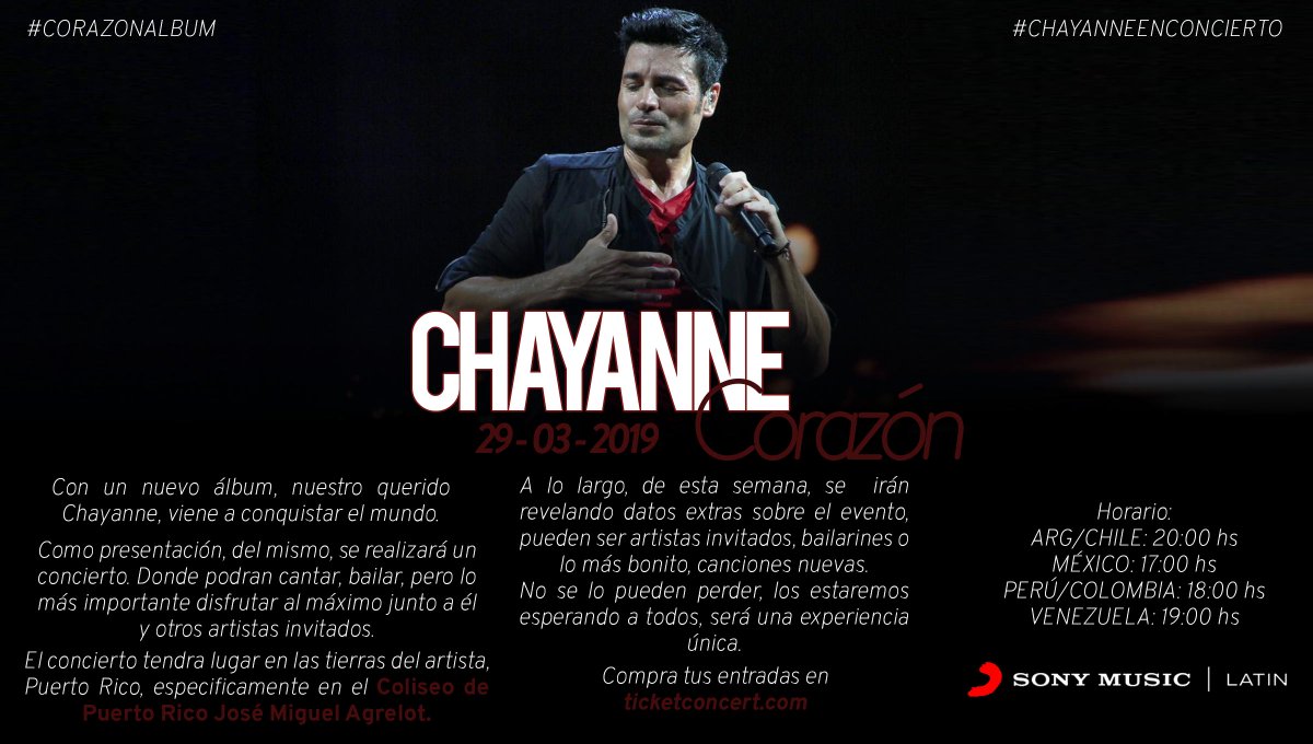 Chayannefk's tweet photo. ㅤ ㅤㅤ ㅤ ㅤㅤ ㅤㅤCORAZÓN 29.03.2019

Tengo el honor de anunciarles que la espera terminó, este viernes estaré lanzando mi nuevo álbum. Como presentación, del mismo, haré un concierto de la mano con Sony. No sé lo pueden perder.
ㅤ ㅤㅤ ㅤ  #CORAZÓNALBUM #CHAYANNEENCONCIERTO https://t.co/SMZ83NuBKJ