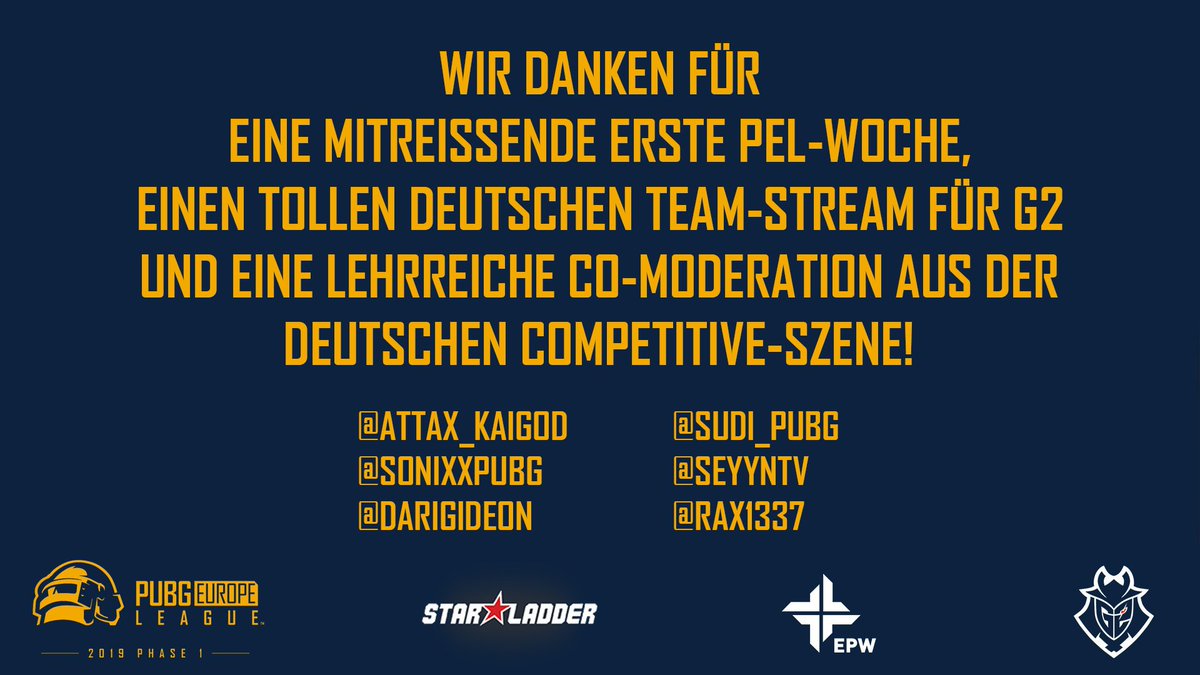 Die 1. Woche der #PUBG Europe League ist vorbei. Wir möchten uns nicht nur bei <a href="/G2esports/">G2 Esports</a>  für die spannenden Spiele, sondern auch für die rege Beteiligung der gesamten deutschen Szene hinter den <a href="/EPWesport/">EPW</a> Kulissen bedanken. 

Daumen hoch und bis nächste Woche! 👍🍗🔥 #PEL