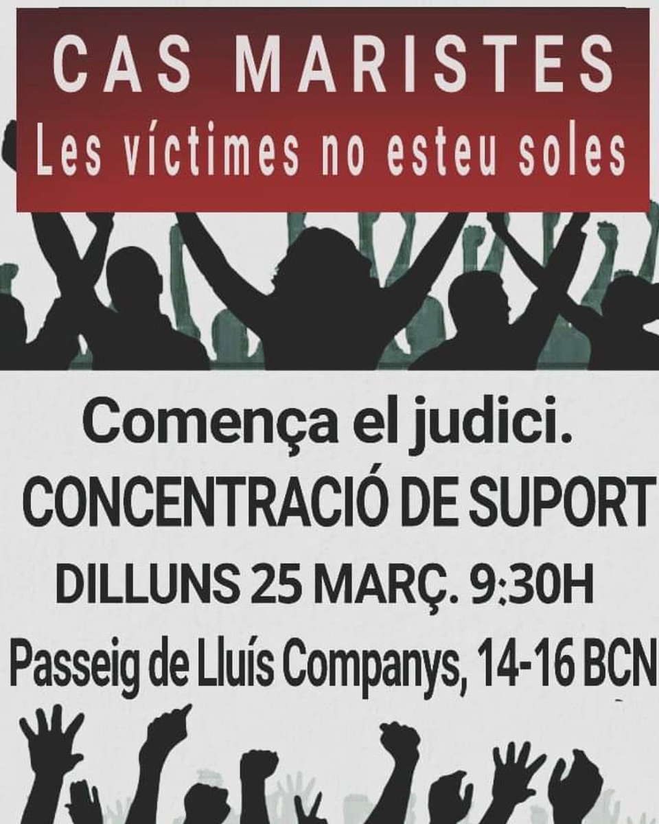 Mañana estaré a las puertas del juzgado desde las 8 de la mañana 

 juicio contra el pederasta confeso, Joaquín Benítez, ex profesor de educación física #maristas
Audiencia Provincial de Barcelona

Nuestro apoyo a todas las víctimas

Que no esten solos