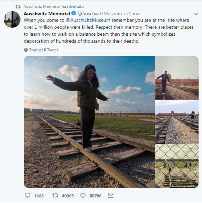 RaiNews's tweet photo. Appello del Museo di #Auschwitz ai visitatori: "Basta con i selfie, sono offensivi". E posta una serie di foto di ragazzi che passeggiano in equilibrio sui binari: "Ci sono luoghi migliori per imparare a fare l'equilibrista"→ https://t.co/eaLcSAEGSy https://t.co/OsFqPK35qm