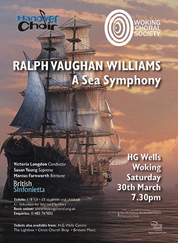 HanoverChoir's tweet image. Next Saturday, 30th March we join forces with @WokingChoral and @BSinfonietta to perform R. Vaughan Williams&apos;s #ASeaSymphony at the @hgwellscentre in Woking. Please join us, tickets available here: ticketsource.co.uk/wokingchoralso…
🌊🚢⚓️