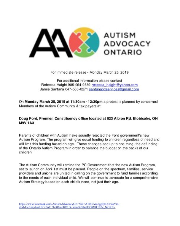 RebeccaHaight_'s tweet photo. . @BramptonFocus  Press release. A protest is planned at  Doug Ford’s constituency office, Monday March 25, 11:30am #PauseThePlan #AutismDoesntEndAtFORD https://t.co/8TCyVwsmNL