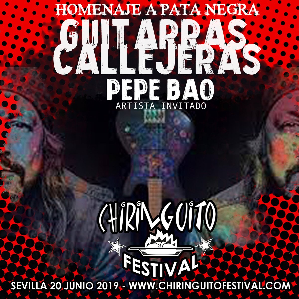 ⚡¡Lujazo de invitado para el "Homenaje a #PataNegra" #GuitarrasCallejeras que vamos a disfrutar! Una batalla de cuerdas 'patanegreras' 🎸
🎶¡Qué ganas <a href="/PepeBao46/">Pepe Bao oficial</a>!
🎫ENTRADAS en OFERTA a 15€ en chiringuitofestival.com 
‼️PRONTO, NUEVAS CONFIRMACIONES‼️
#ChiringuitoFest #Sevilla