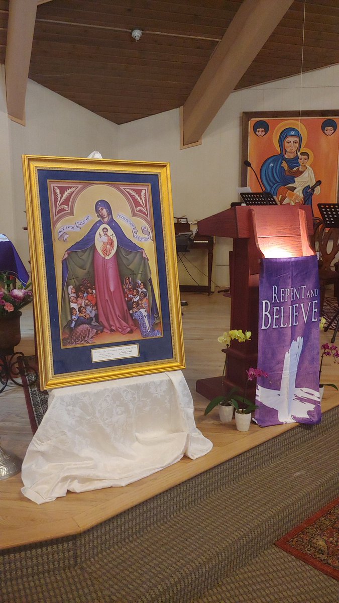 Our9597's tweet photo. Venerating the icon of Mary, Queen of Persecuted Christians with our Maronite Catholic brothers at St. Rafka. It is her feast this weekend! #FollowingMary https://t.co/fX1k7RAeuB