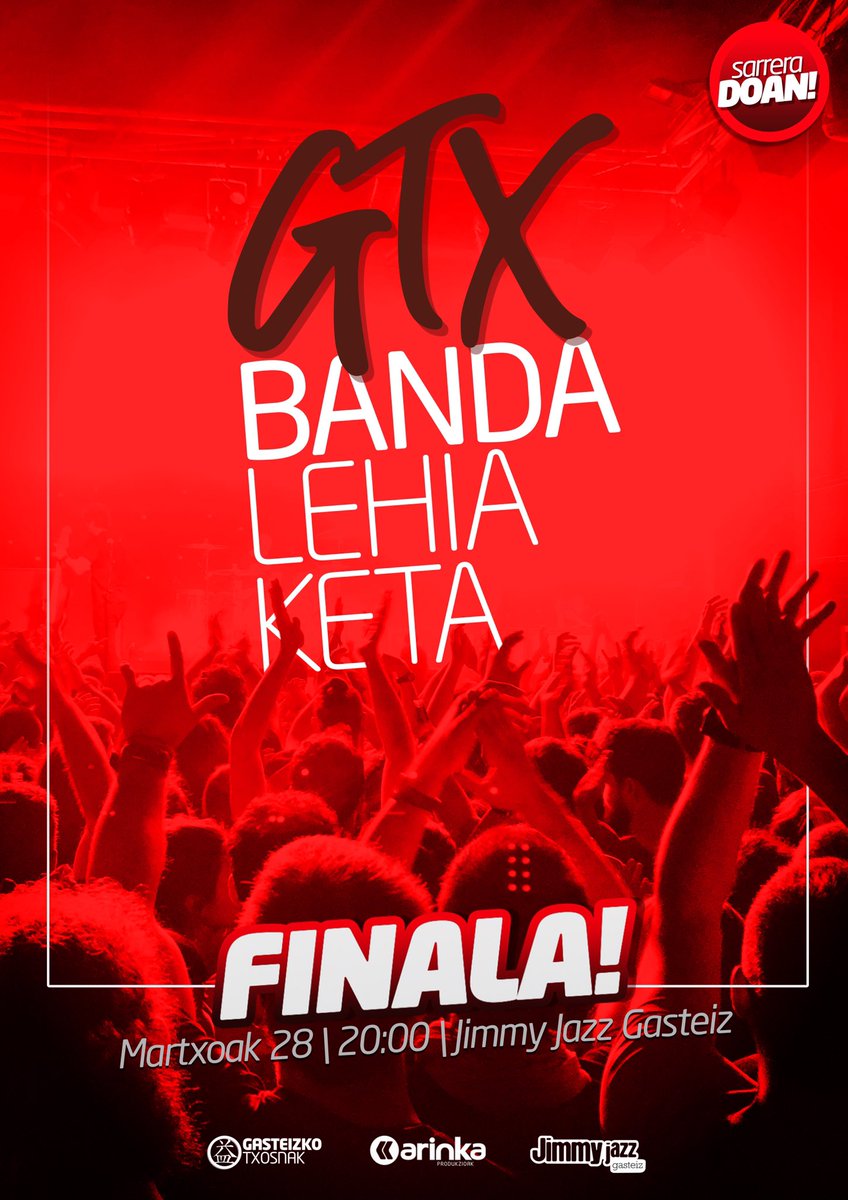 GTX banda lehiaketaren finala!!!
Martxoak 28, osteguna arratsaldeko 20:00tan Jimmy Jazz Gasteiz aretoan.
Bihar goizean bost talde finalisten izenak esango ditugu... adi sareetan!!
#GasteizkoTxosnak #GTXbandalehiaketa #MusikaTaldeak #Entxosnatu #JimmyJazzGasteiz #Finala
