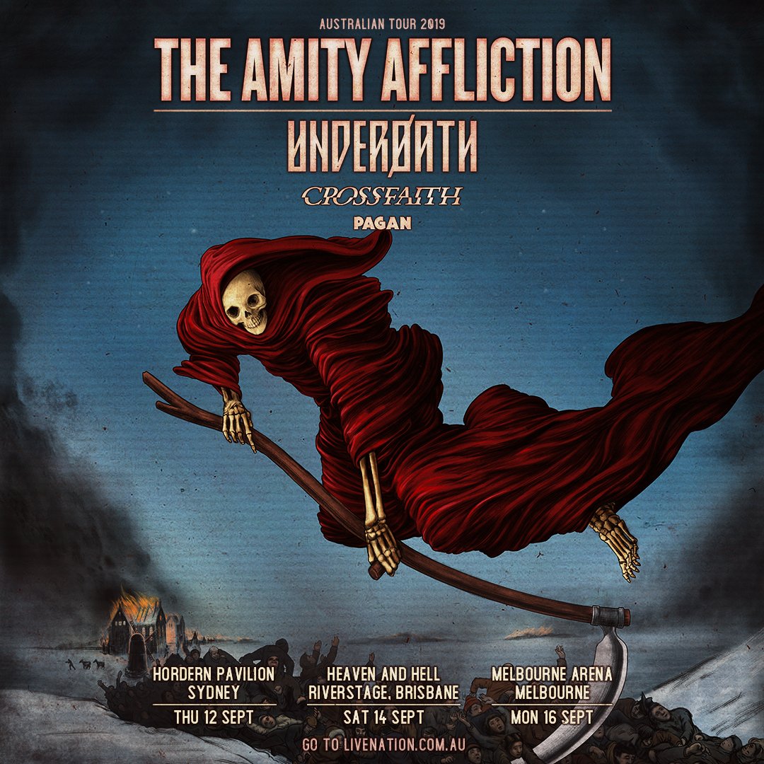 UnderoathBand's tweet photo. One show in Australia wasn’t enough. We’re excited to come back in September with @amityaffliction @CrossfaithJapan @pagancult666 

Tickets go on sale 12PM local time on Friday. 
🎟: https://t.co/KLDBHK3L9W https://t.co/QsEZcpbomb