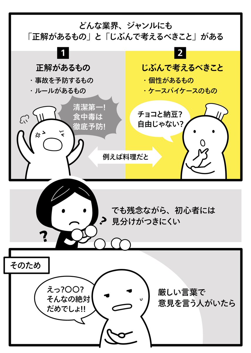 これまで出会ったすごいと思う方々は、「正解があるもの」に対しては厳しく、「じぶんで考えるべきこと」には否定的なことは言わないことが多かった、と言う話を書きました。でもこの1と2はグラデーションの部分もあってむずかしいんですよね… 