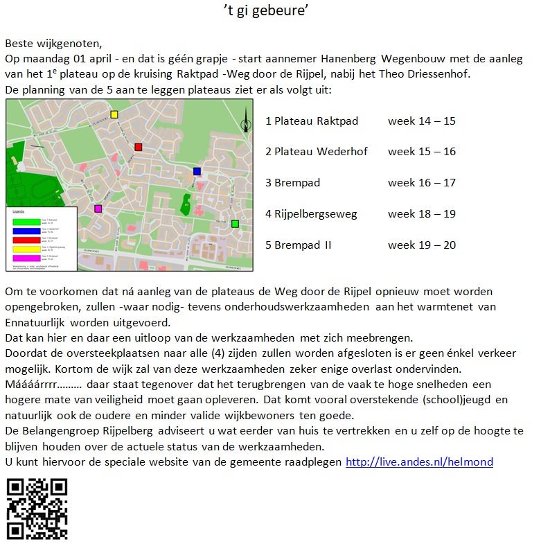Aanleg van een vijftal plateaus Weg door de Rijpel start 01 april aanstaande !