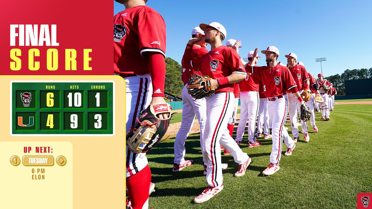 NCStateBaseball's tweet photo. WOLFPACK WINS‼️‼️‼️‼️‼️‼️‼️

#Bienlien gets a swinging strikeout to end it, as #Pack9 rallies with 4⃣ runs in the top of the ninth to sweep the series at Miami with a 6-4 win

#STATEment // #GoPack 💯✅ https://t.co/suexJfn9mz