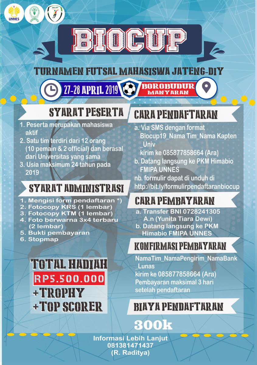 Himabiounnes's tweet photo. Daftarkan tim futsalmu dan jadilah juara😁
#turnamenfutsal #SportS #biologihitz #eventlomba #lomba #turnamenfutsal #turnamen #futsal #kejuaraan #lombafutsal #unnes #biocup #jawatengah #jateng #futsalcompetition #kompetisi #exploresemarang #biology #sepakbola #biocup2019 #unnes https://t.co/4X7TQCEf7G