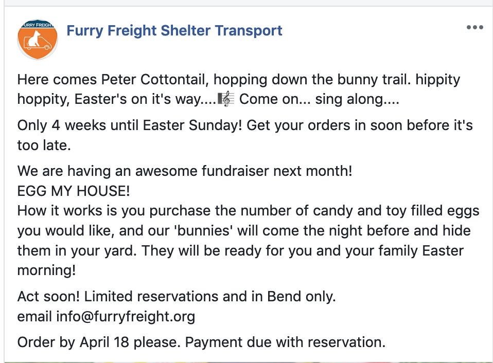 FurryFreight's tweet photo. #InBend
Egg My House fundraiser. 
You can help shelter pets and have an awesome Easter egg hunt! Check it out. https://t.co/rdPQxS2z5k