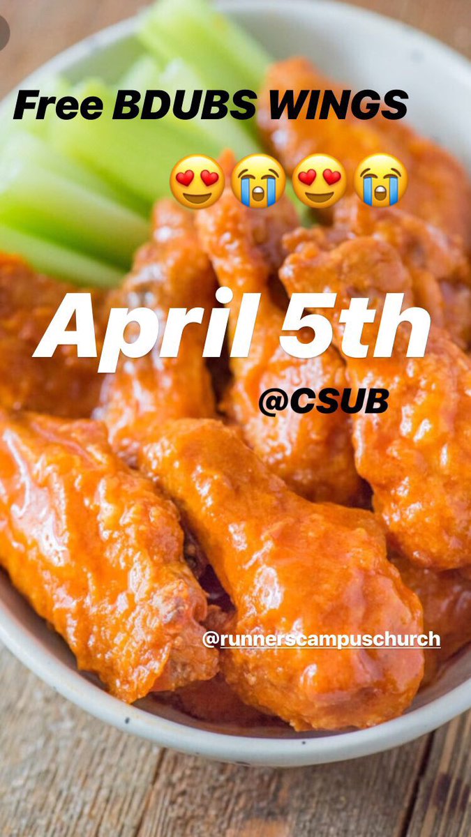 Micah_Yursik's tweet photo. Free BDubs!!!!!!!!  Also an opportunity to invite your friends and family to have a good time and also experience God in a real way!!!  There will be an awesome band and speaker and an opportunity to get prayer!!!

April 5th
7pm
CSUB https://t.co/1IBw3QWvSj