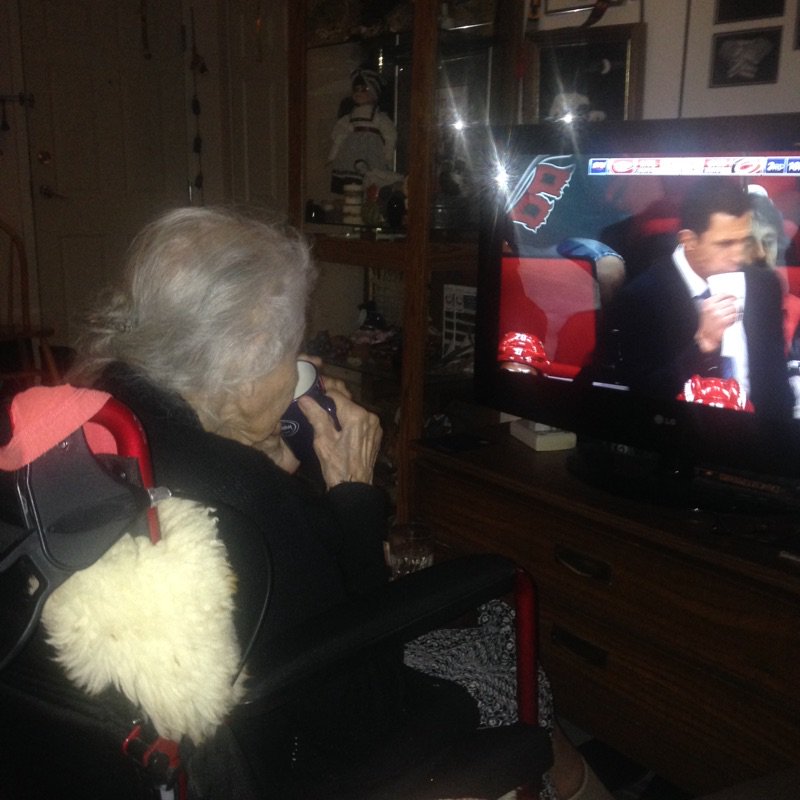 NDNCarguy's tweet image. My 101-yr-old mother, who  speaks Cree, (Nehiyaw notokwew ota) watching the Habs-Canes game Sunday night in her mother's language on aptn. She's impressed with Clarence Iron's play-by-play.