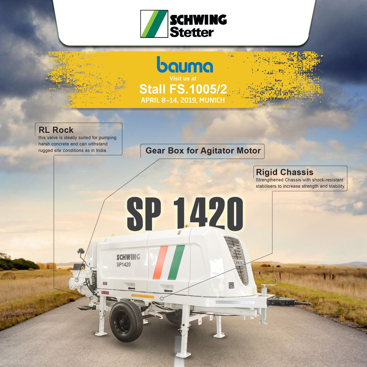 SchwingIndia's tweet photo. The Schwing concrete pump can handle pumpable concretes under extreme job sites and climate.
#bauma #baumamunich #bauma2019 #baumagermany #heavymachinery #concretepump #technology #construction #MadeinIndia https://t.co/4WkxP0zR0d