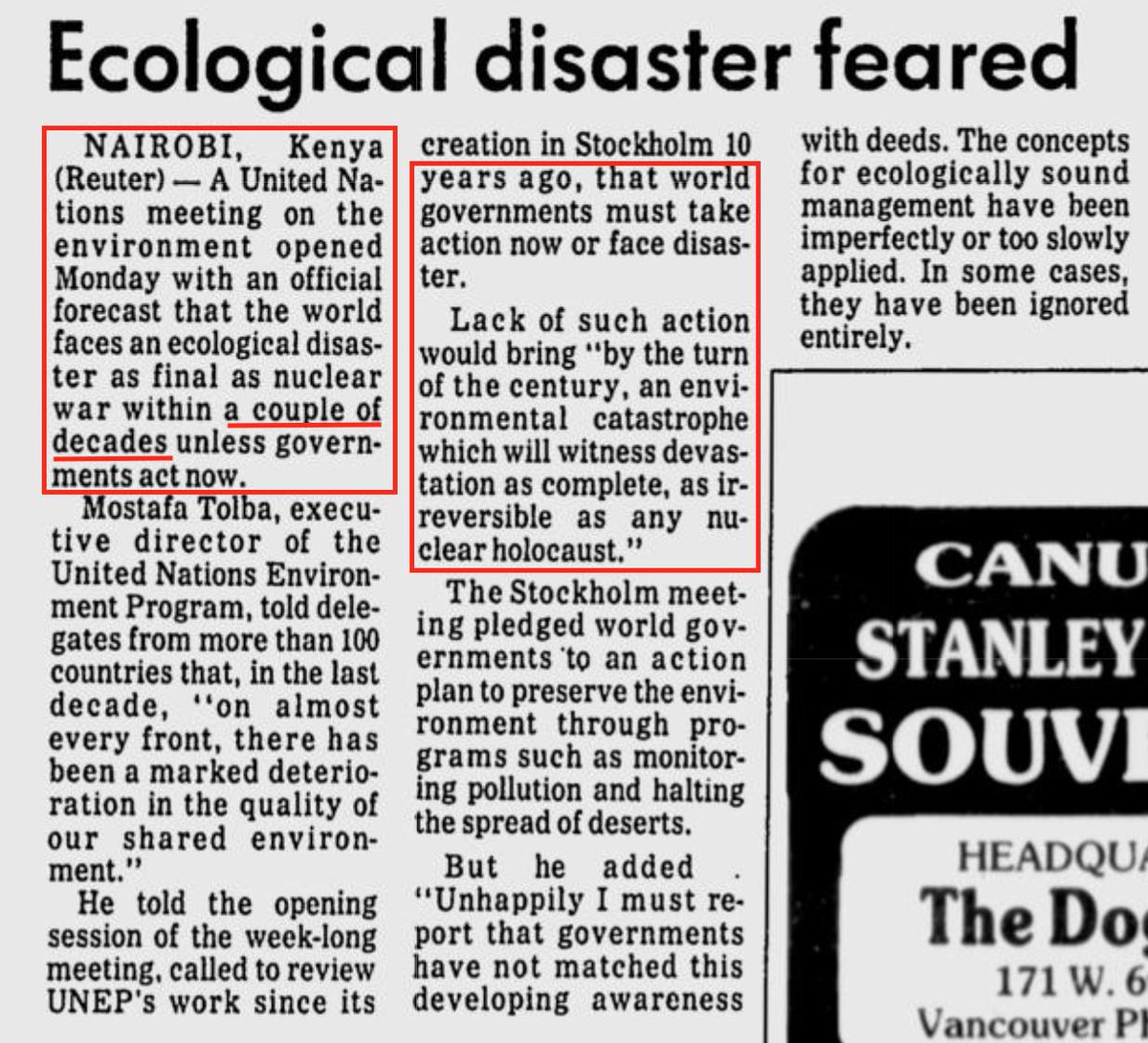 26. Nevertheless, by 1982, according to the media and the UN, the world faced an environmental catastrophe with devastation as great as nuclear holocaust within 2 decades "unless governments act NOW." https://news.google.com/newspapers?id=o5tlAAAAIBAJ&sjid=TYwNAAAAIBAJ&dq=ecological%20holocaust&pg=5103%2C351973