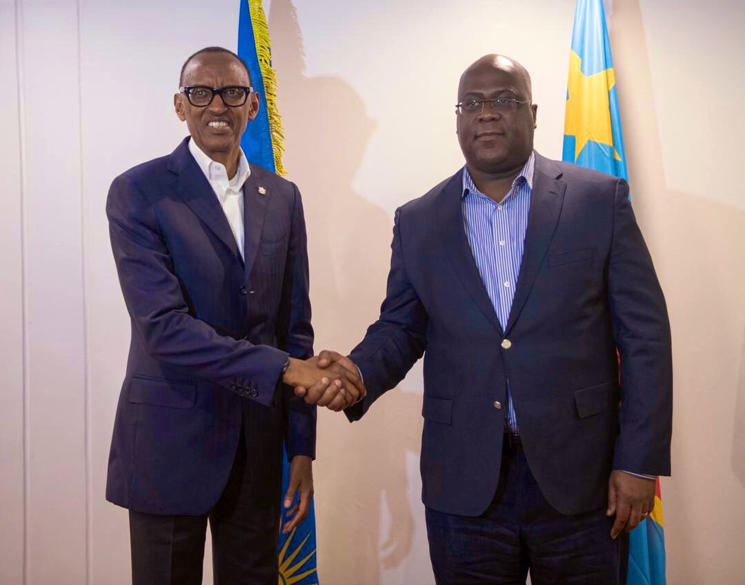 UrugwiroVillage's tweet photo. This evening at Urugwiro Village, President Kagame welcomes President Tshisekedi who is in Kigali to attend the Africa CEO Forum #ACF2019 https://t.co/g3gxFFdE2G
