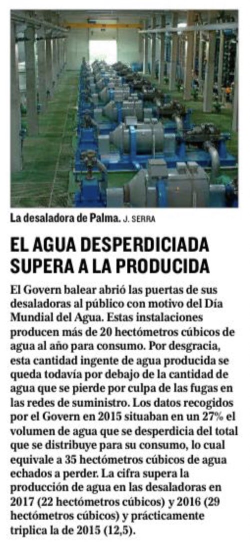 asfinrus's tweet photo. 35 hectómetros cúbicos de agua perdidos al año frente a los 20 que producen las desaladoras. Conclusión del Govern de “genios” que tenemos: las explotaciones agrarias son el problema, y además se prohiben las piscinas, con lo que ahorran... 0’002 hm3 🙄 Visto en @elmundobaleares https://t.co/j8gIuvMCJ9