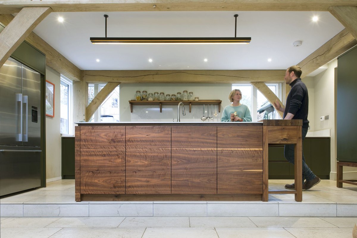 Kitchens. Made to last.
Walnut wood veneered kitchen island with Durinox stainless steel worktop.
Sink/taps: <a href="/BLANCO_UK/">BLANCO UK</a>
Fridge Freezer: <a href="/FisherPaykelUK/">Fisher & Paykel Appliances</a>
Solid Brass Parlour light: <a href="/InglisHall/">Inglis Hall</a>