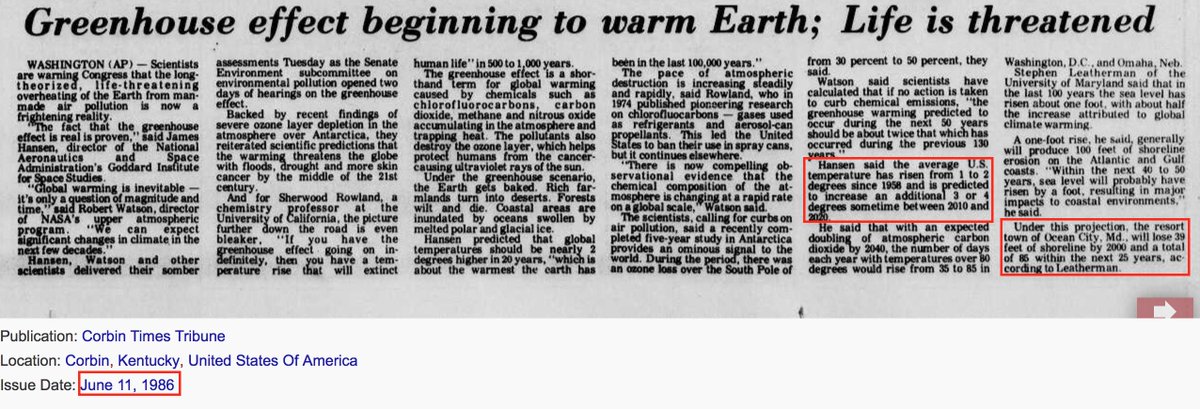 30. 1986 - Climate Scientists & the Media claimed that LIFE IS THREATENED & that global temps will increase 3 - 4 degrees sometime between the yr 2010 - 2020 & the town of Ocean City, Md. will likely lose 39 feet of shoreline by 2000 & 85 feet by 2011. https://newspaperarchive.com/corbin-times-tribune-jun-11-1986-p-1/