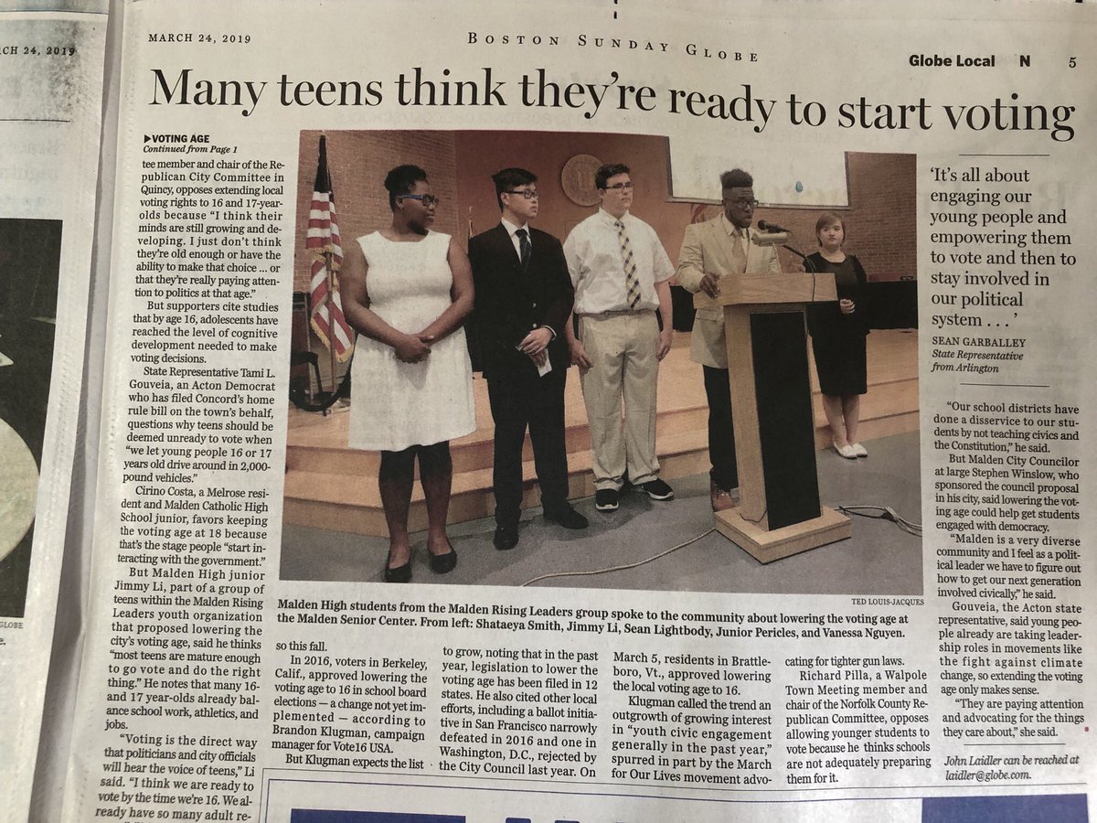 TedLouisJacques's tweet photo. It’s no longer a question of “should we?” It‘s more like “when will we?”

Thank you to John Laidler from the @BostonGlobe shedding light on the #Vote16Initiative where @MaldenPublic Jimmy Li (MHS ‘20) and his colleagues from @MRisingLeaders were featured on this article! #Vote16 https://t.co/1s1WcoRUuw