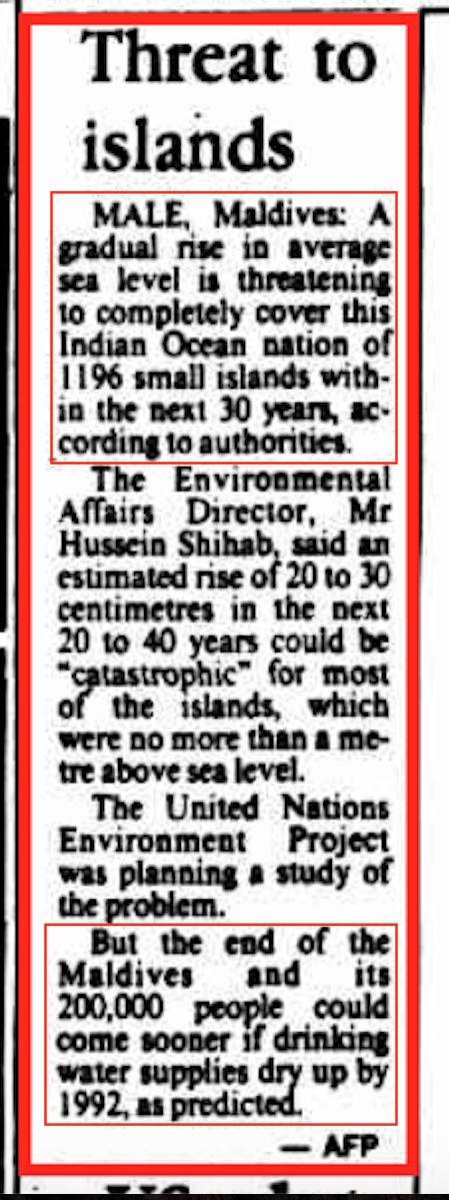 31. 1988 - Climate Scientists & the Media claimed that by 2018 the Maldive islands of the Indian Ocean would be completely submerged by rising seas due to global warming.