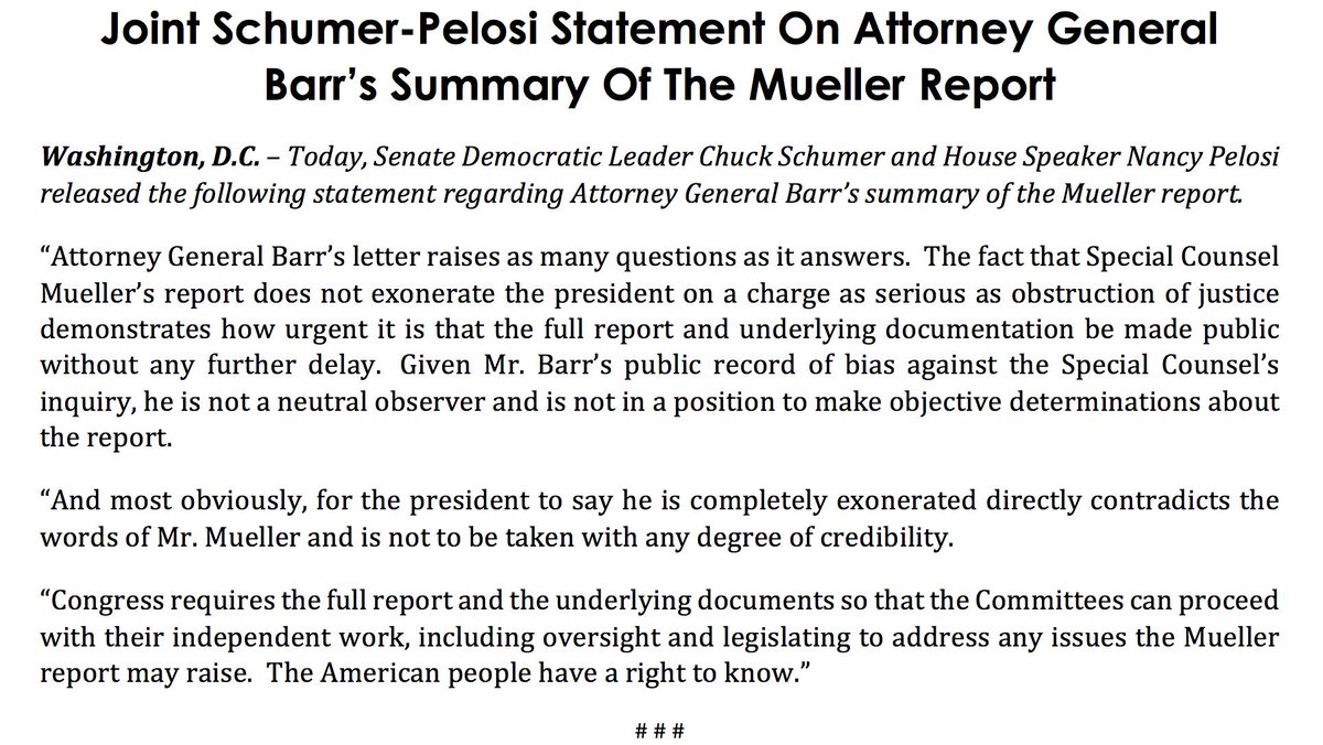 Joint Schumer-Pelosi Statement On Attorney General Barr’s Summary Of The Mueller Report

Today, Senate Democratic Leader Chuck Schumer and House Speaker Nancy Pelosi released this statement regarding Attorney General Barr’s summary of the Mueller report.