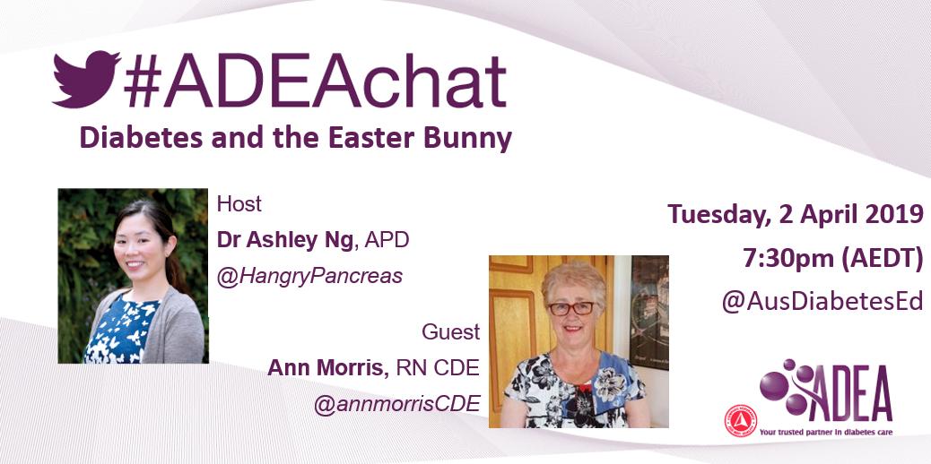 AusDiabetesEd's tweet photo. Join @HangryPancreas and @annmorrisCDE next Tuesday, 2 April 2019 in our #ADEAchat where we will discuss about diabetes and the Easter Bunny. Mark your calendar and tweet you there! https://t.co/UR5YpHDlfi