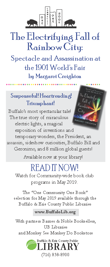 buffalolibrary's tweet photo. Gearing up for the next installment of #OneCommunityOneBook with Margaret Creighton's "The Electrifying Fall of Rainbow City." Read this #Buffalo-centric book now & look for community-wide programs in May 2019. https://t.co/56IXPYLCCR
