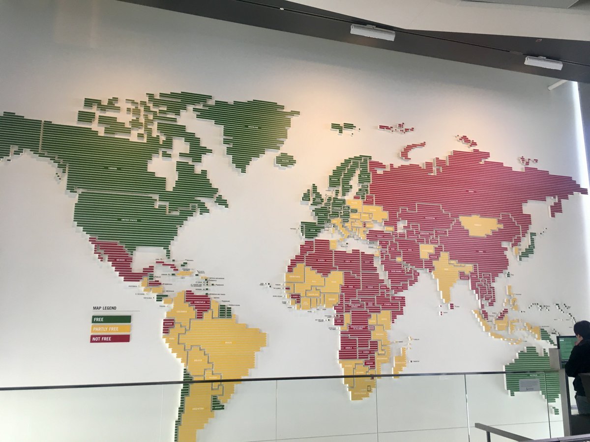 SCAPR's tweet image. Visited the #Newseum in #WashingtonDC this week and want to share this image showing where in the world there is “free” press (in green). It’s actually quite limited when you see the big picture. This museum has been acquired and where it will be next year is unknown.