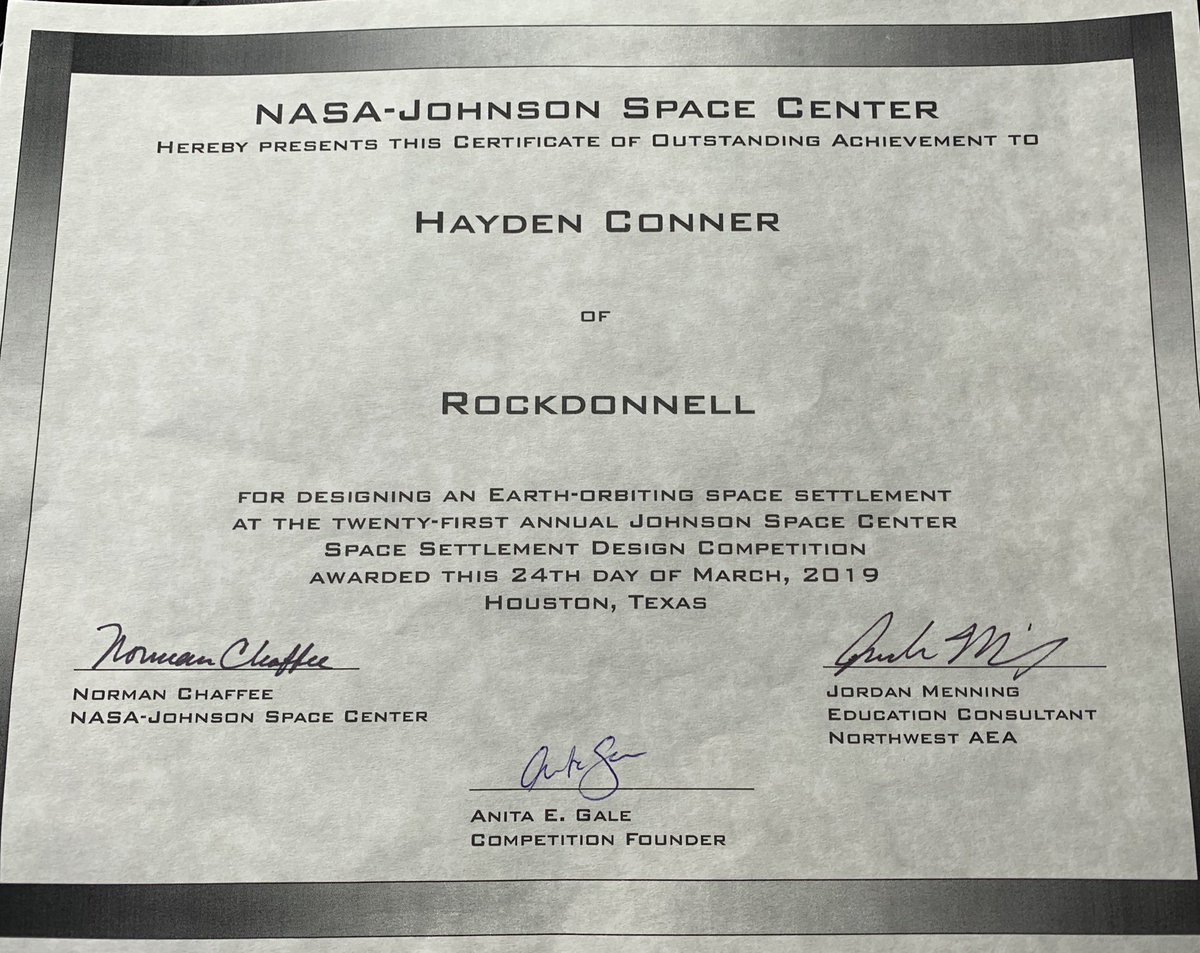 HaydenConner's tweet photo. Amazing Experience this weekend! Want to thank Norm Chaffee and Anita Gayle for the opportunity to compete. #TeamRockdonnell! @NASA Space Settlement Design Competition! #JSCSSDC19 @NASA_Johnson @NorthwestAEA @JordanMenning https://t.co/4tMRSODn5Y