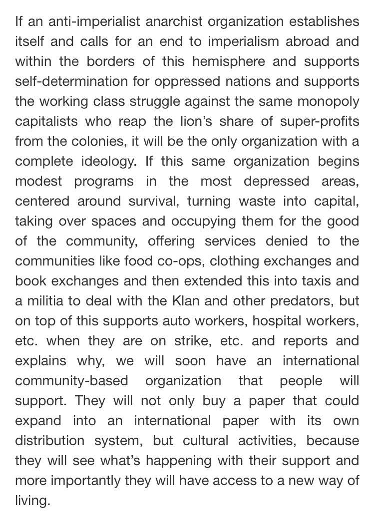 “If this ... [org] begins modest programs in the most depressed areas, centered around survival, turning waste into capital ... offering services denied to the communities like food co-ops ... we will soon have an international community-based [org] that people will support.”