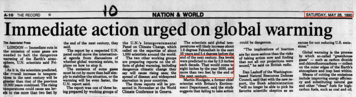 38. 1990 - we were told global warming would cause sea levels to rise 4.6 inches by 2010.