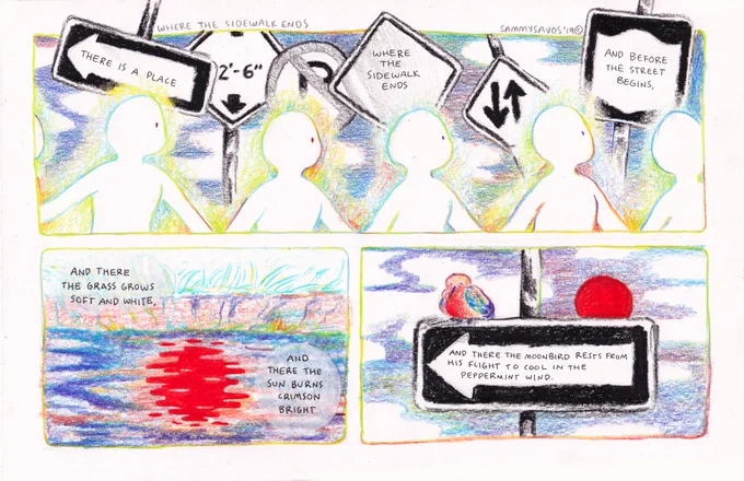 for class we had to make a comic using audio/lyrics/poem! i used "where the sidewalk ends" by shel silverstein! 