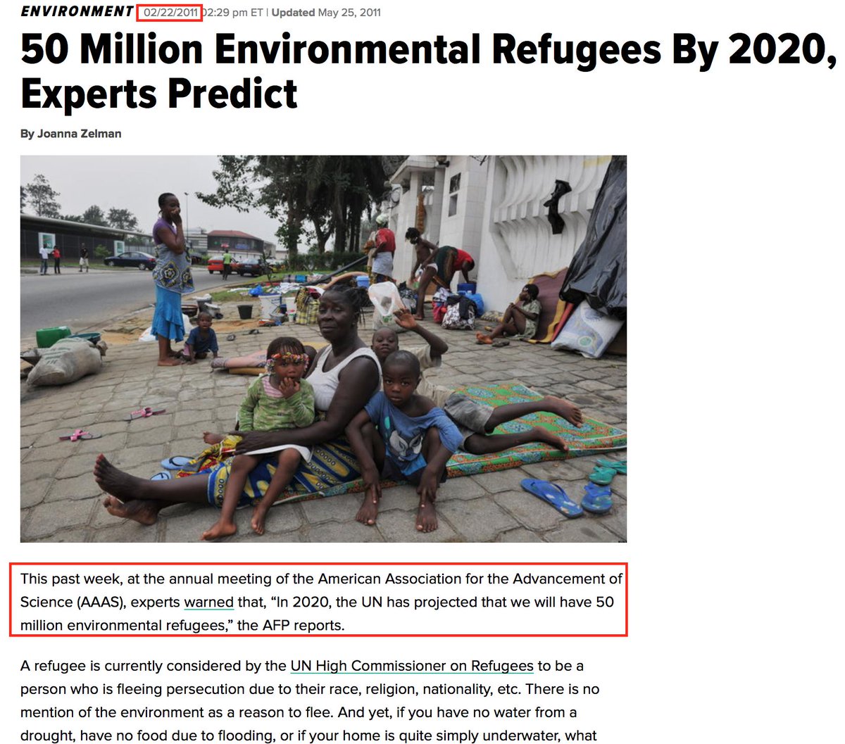 47. UN 'experts' came up with a new timeline in 2011. NOW it is 50 million climate refugees by the year 2020. Promise!  https://www.huffingtonpost.com/2011/02/22/environmental-refugees-50_n_826488.html