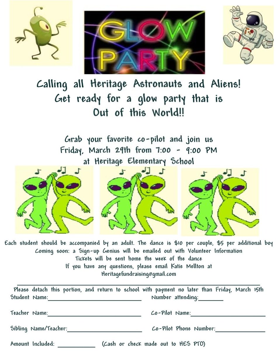 Friday night is the Out of this World Glow Party for the boys at Heritage. We are extending pre-registration through Tuesday, but we will happily accept cash/checks on the night of the event!! We can't wait to see all of the Heritage Boys there!!