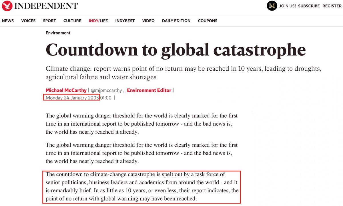 48.2005 - Climate Scientists & the Media declared we only have 10 years left before climate catastrophe. https://www.independent.co.uk/environment/countdown-to-global-catastrophe-488075.html