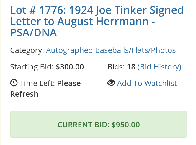 haulsofshame's tweet photo. #JoeTinker letter stolen from file 40 box 28 of @baseballhall #HerrmannPapers is still being sold @reaonline auction https://t.co/9j5u1dofH1