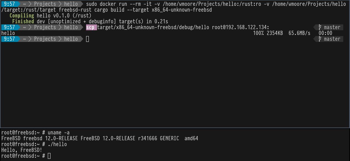 Screenshot showing one terminal building a hello world rust program in a docker image targeting FreeBSD. The binary is then copied to another machine with scp and in a another terminal logged into that machine the binary is run, outputting, "Hello, FreeBSD!".