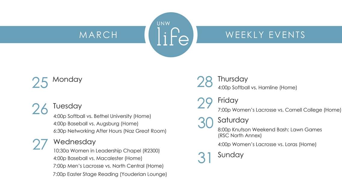 UNWLife's tweet image. Hello all! UNW has a lot of things happening on campus this week, so take a look!
As a reminder, the deadline to add or drop classes for Quad 4 is Monday, March 25th. ☺️