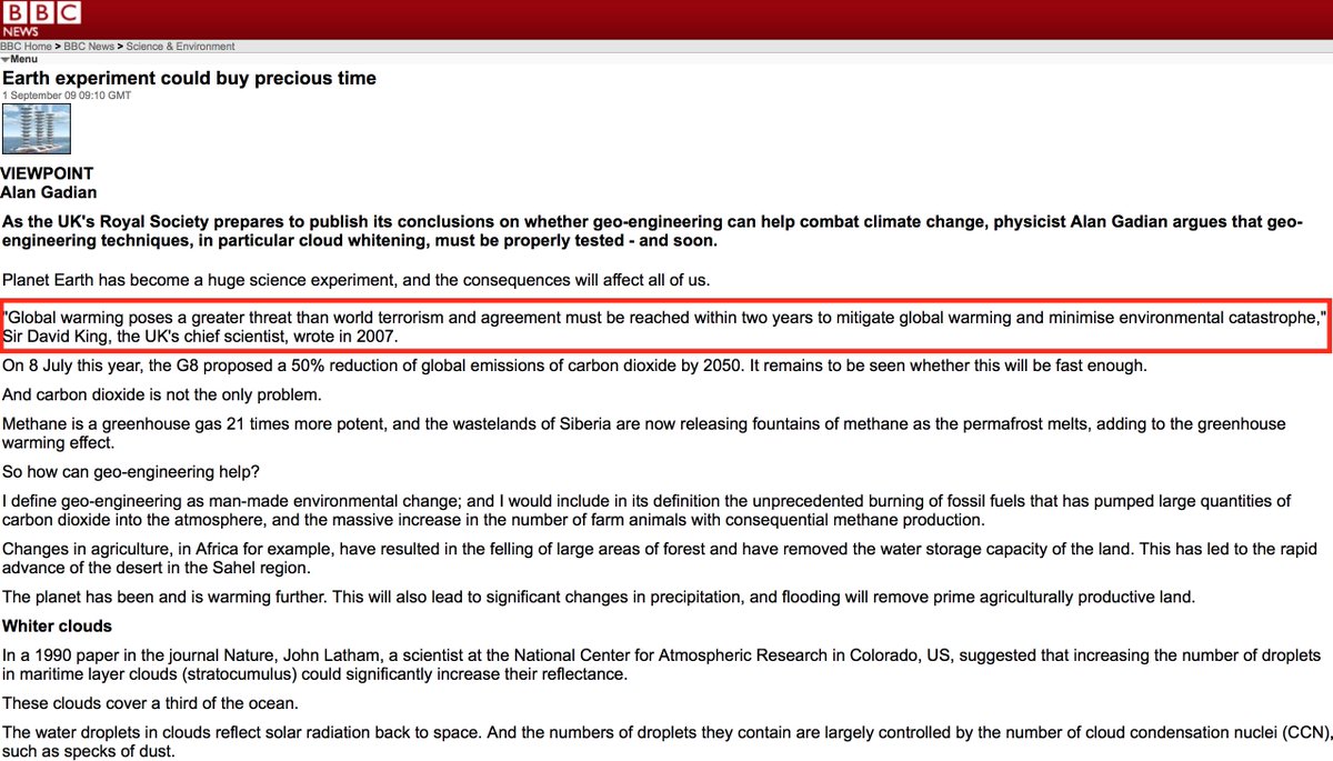 55. The UK's chief scientist apparently didn't get the memo about the new 10-year tipping point. He was still warning in 2007 that we only had TWO years left to avoid environmental catastrophe. http://news.bbc.co.uk/2/mobile/science/nature/8214045.stm