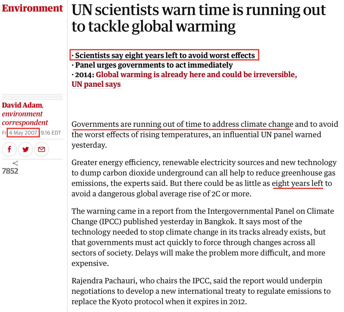 56.In May of 2007 - Climate 'scientists' & the Media warned we only had 8 years left. https://www.theguardian.com/environment/2007/may/05/climatechange.climatechangeenvironment