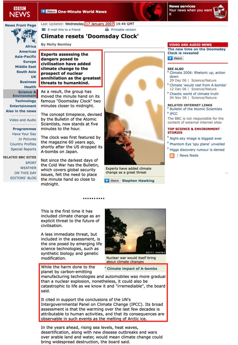 59.2007 - global warming was recognized as great of a threat to humankind as nuclear annihilation. http://news.bbc.co.uk/2/hi/science/nature/6270871.stm