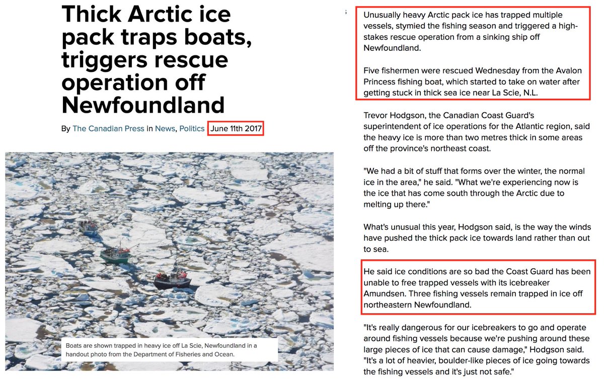 63. Breaking: the arctic is not ice free in the summer yet!In 2017, summer ice conditions were so bad the Coast Guard was unable to free trapped vessels stuck in the heavy arctic ice. https://www.nationalobserver.com/2017/06/11/news/thick-arctic-ice-pack-traps-boats-triggers-rescue-operation-newfoundland  https://www.cbc.ca/news/canada/north/cargo-ship-ice-resolute-1.4812293