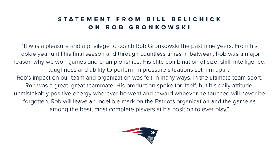 Statement from Bill Belichick on <a href="/RobGronkowski/">Rob Gronkowski</a>.