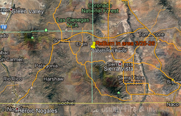 CCFirenIncident's tweet photo. FYI-Per #SEFD: SEFD and the #DFFM will be conducting a #RxBurn on 03/25 and 03/26 on the #BabocomariRanch in #Elgin. Plans for ignition-apprx 1PM on Monday. #Smoke will be visible throughout both days & you may see flames at night. #SantaCruzCounty https://t.co/gCcbqvbf6L
