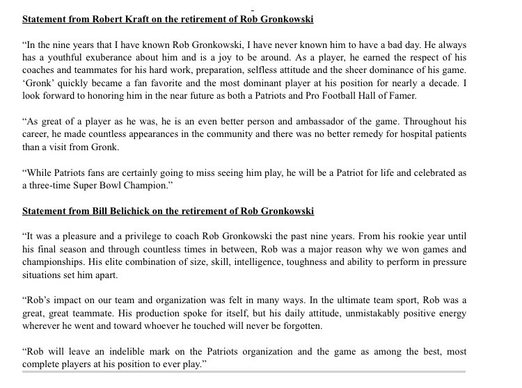 MikeReiss's tweet photo. Robert Kraft and Bill Belichick statements on the retirement of Rob Gronkowski. https://t.co/CvYVpWahRU